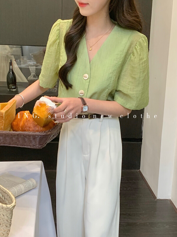 [ing] French retro V-neck bubble sleeve pleated shirt ing-7678\zsy