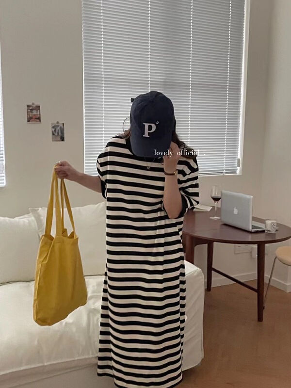 [love] versatile loose stripe lazy dress z0722\hbx