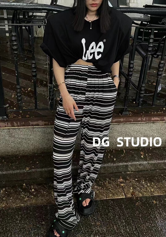 [Hello] straight stripe versatile wide leg casual pants 9825\xyy