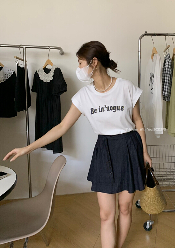 [thirten thirteen] sleeveless letter short sleeve T-shirt + high waist slim skirt set 3129\xyy