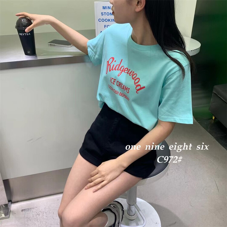 [1986] round neck versatile foreign letter printed short sleeve T-shirt ys1-972\xyy