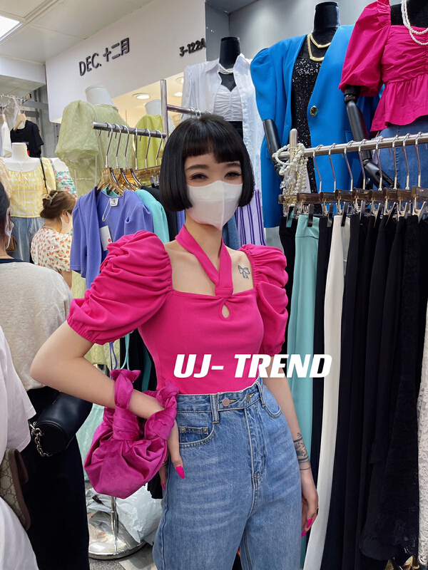 [ujtrend] bubble sleeve hanging neck versatile shirt 119\wtt