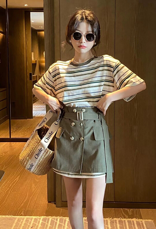 [JH] net red stripe short sleeve + skirt suit (with belt) 41699\pcz