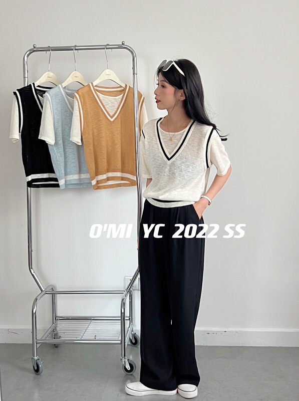 [O MI] ice silk linen fake two-piece sweater 2669\hbx