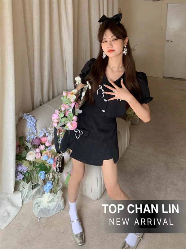 [top Chan Lin] sweet bow temperament blouse + slim simple short skirt suit 95201\jj