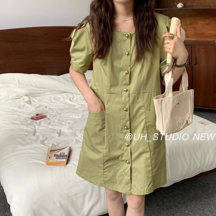 Live broadcast 54! [uh] retro round neck button puff sleeve slim dress 6771-2\hjy