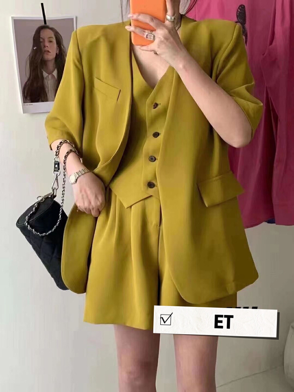 【ET】高級假兩件馬甲短袖西裝+炸街氣質西服短褲套裝  5815#  PCZ