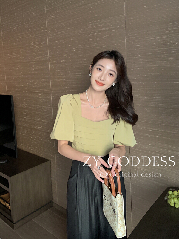 [ZY] pleated bubble sleeve square neck French shirt 68585\jhy