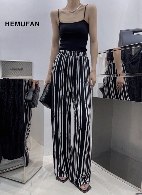 [Hepburn] personalized vertical stripe loose elastic waist casual pants 3583\l