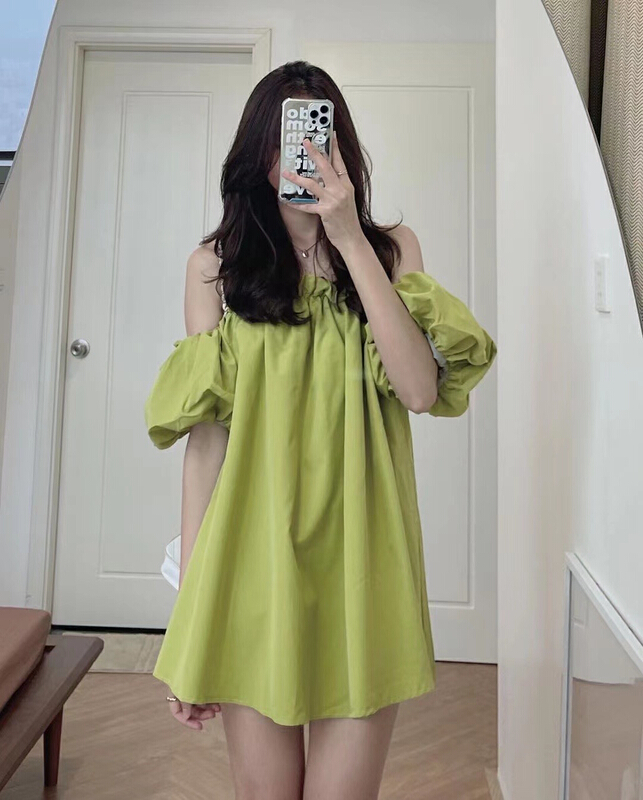 [bobi] off shoulder solid color small fresh dress 8905\hjy