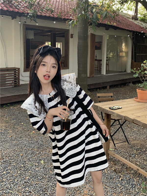 [dolly] loose Embroidered Baby Neck striped dress 6780\pcz