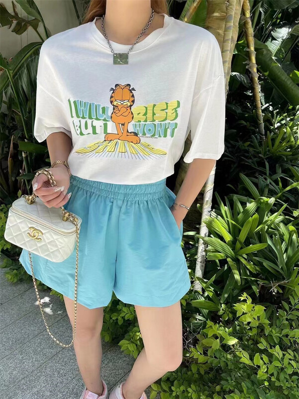 [g+] Korean cartoon printed short sleeve T-shirt + slim versatile Shorts Set 1192\wtt