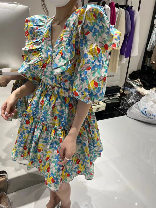 【 mi 】 Korean heavy industry Ruffle floral dress (with belt) 9787\pcz
