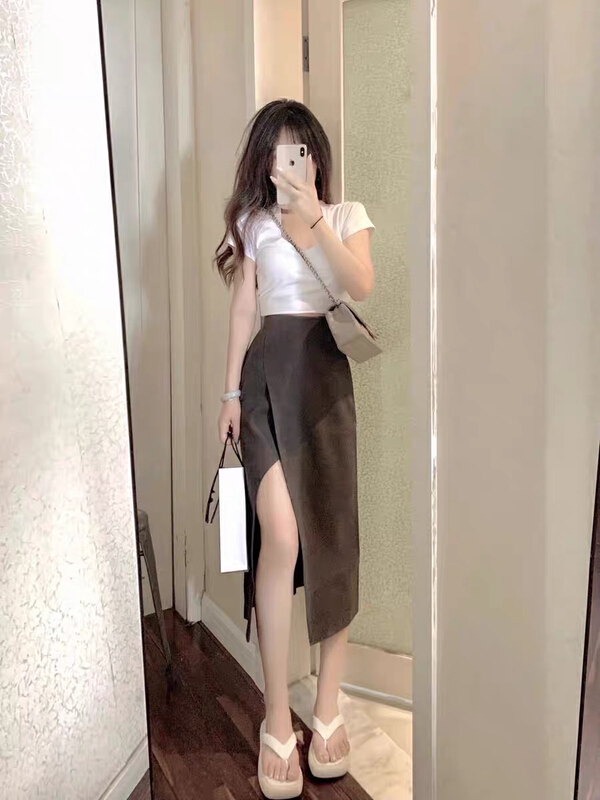 [Huaxi] simple short sleeve T-shirt + slit skirt two piece suit 9086\pcz