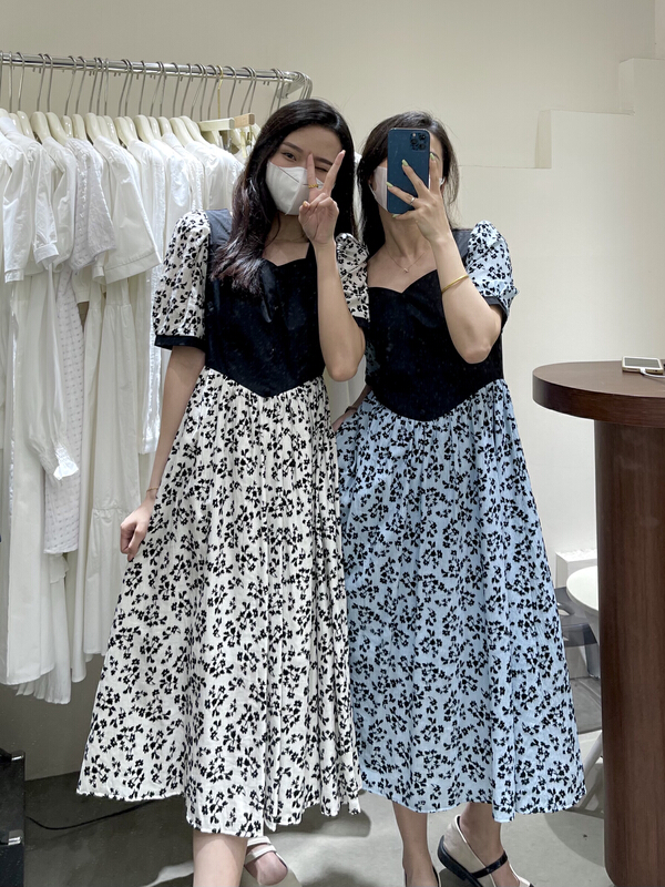 In early summer! 【5】 Lady square collar contrast floral dress 7916-1\l