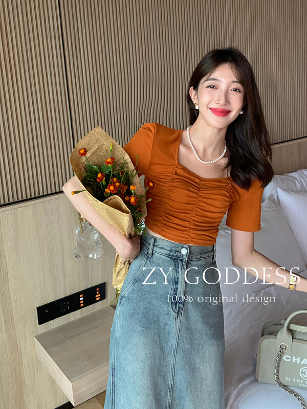 [ZY] square neck pleated thin short Short Sleeve Shirt Short T-shirt 68583