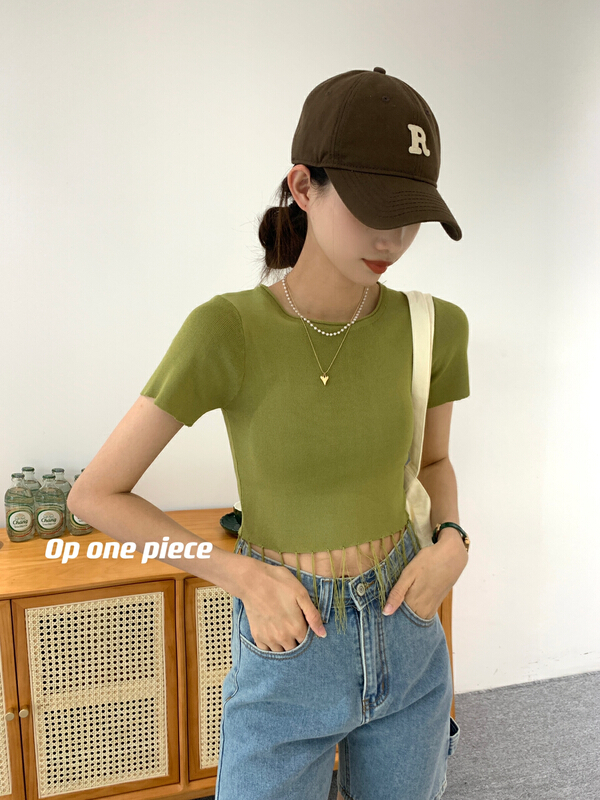 [OP one piece] simple tassel design slim fitting T-shirt 70008\hjy