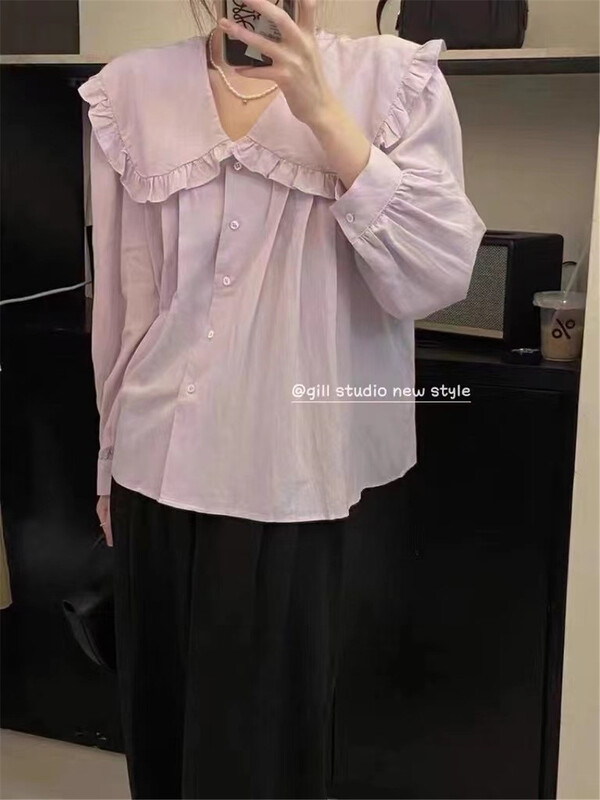 [gill] Korean version solid color large lapel button up shirt 6013\zsy