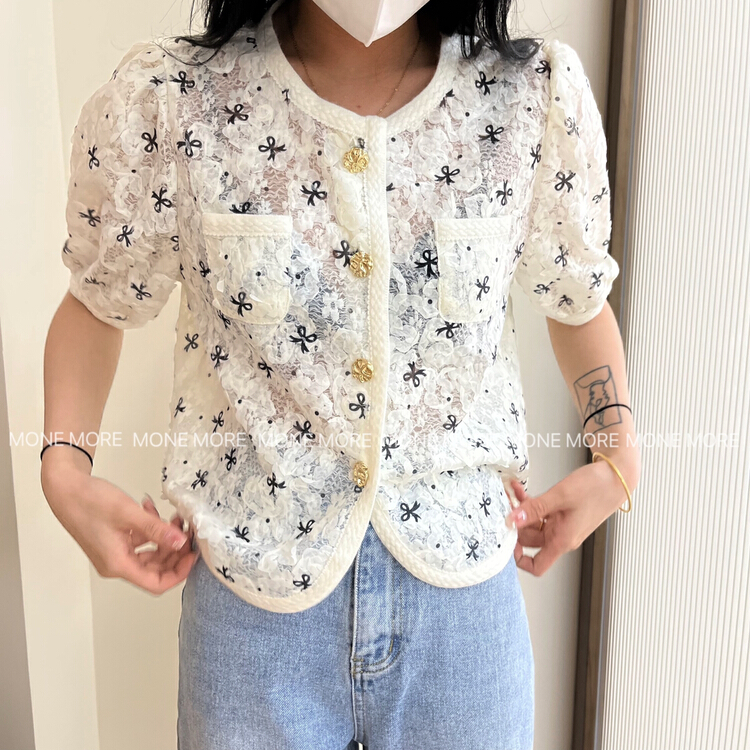 [mone more Momo family] Korean bow Print Shirt 8121\hbx
