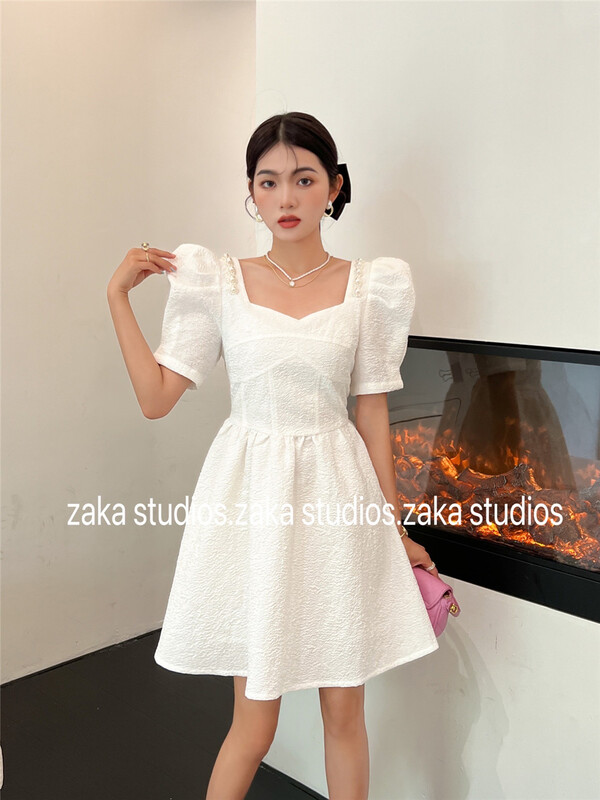 [Zaka] French foam sleeve square neck dress 58326\ll