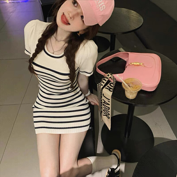 [Amanda] pure stripe slim fit Hip Wrap knit dress 5072\pcz