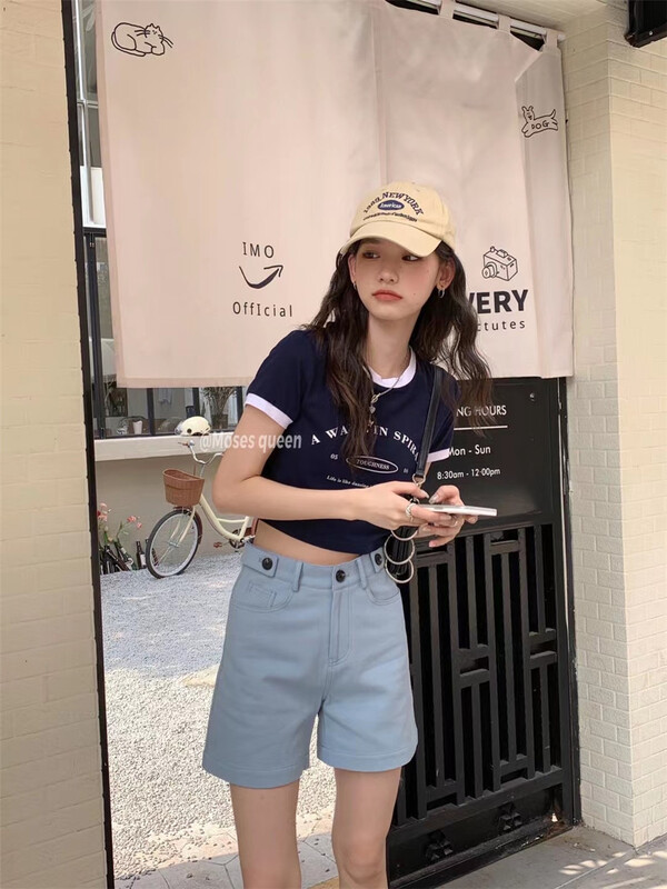 [moss queen] contrast slim fit letter short sleeve T-shirt 50300\xyy