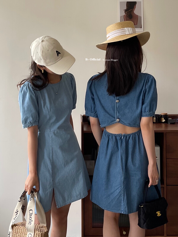 In early summer! [B plus] ins retro temperament elastic waist thin denim dress 22-9236-2\hbx