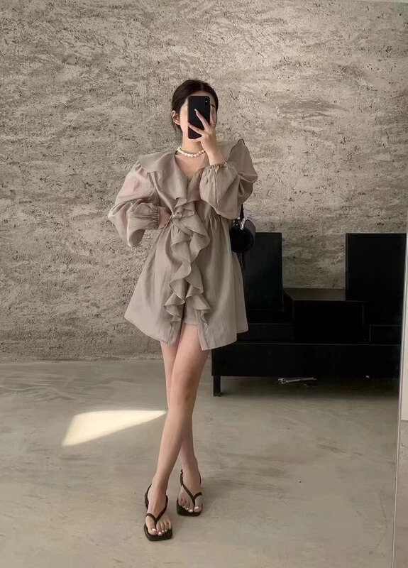 [top] temperament Ruffle Long Sleeve Dress + casual Shorts Set 9067\zjy