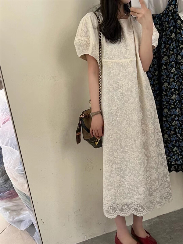 [hey Bella] Korean version simple jacquard Round Neck Lace Dress ys1-1599\ll