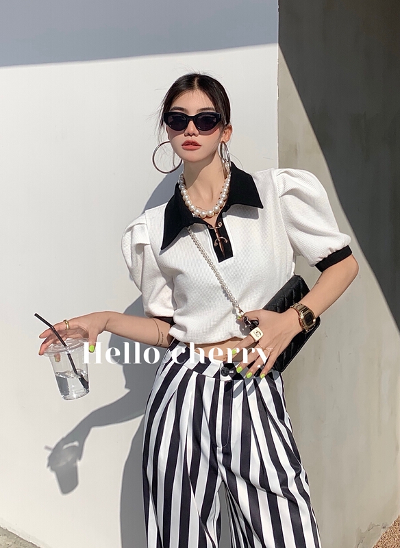 [meeting chelizi] contrast color bubble sleeve iron button blouse ff135\wtt