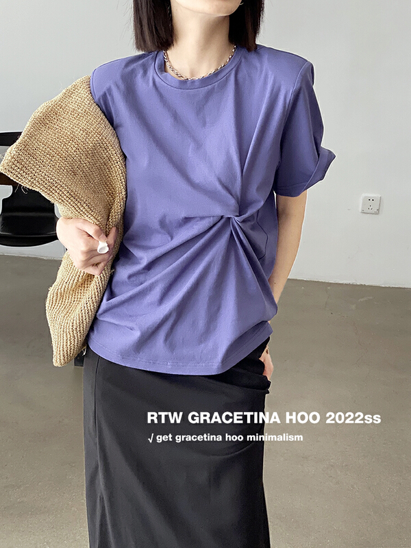 [gracetina Hoo] niche silhouette knot design Short Sleeve T-shirt (shoulder pad decoration vertical display right angle shoulder) t2180\cqw