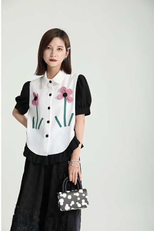 [z&c] Korean sweet color contrast flower shirt 3184\lsw