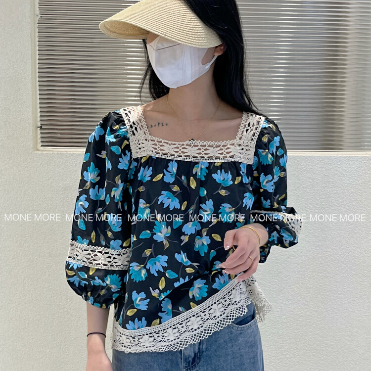 [mone more foam home] French retro printed Square Neck Shirt 8156\hbx