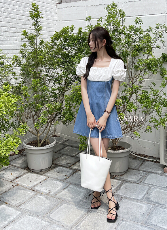 [Sara] French sweet square neck stitched back bow dress 90035\lwy