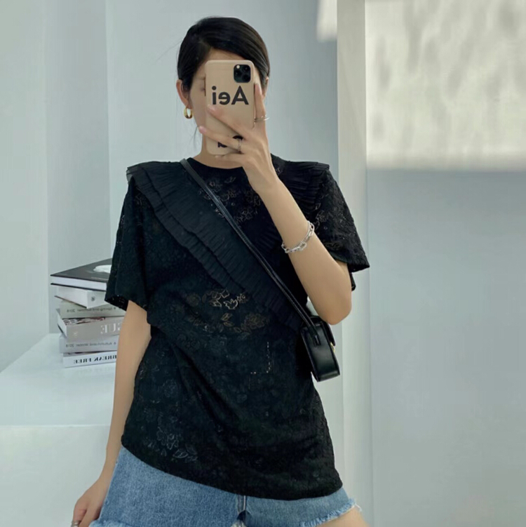 【8】 Korean version wood ear edge stitching hook flower short sleeve T-shirt 9986\xyy
