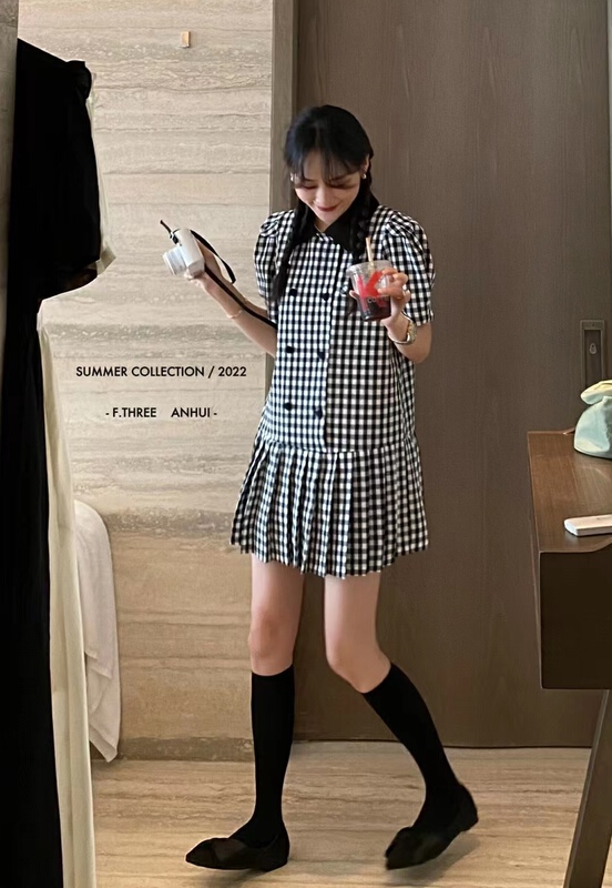 [f.three] contrast collar Plaid hem Pleated Dress 87363\xj