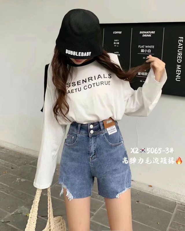[x2 square] Korean high waist skinny label denim shorts 5065-3\ll