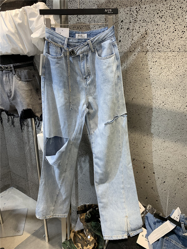 【 aus 】 torn and versatile washed jeans (with waist chain) 68531-1\pcz