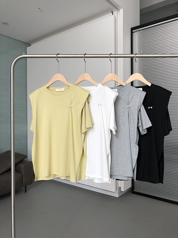 [cottoncandy] simple niche design pearl shoulder pad short sleeve T-shirt 22s562\xj