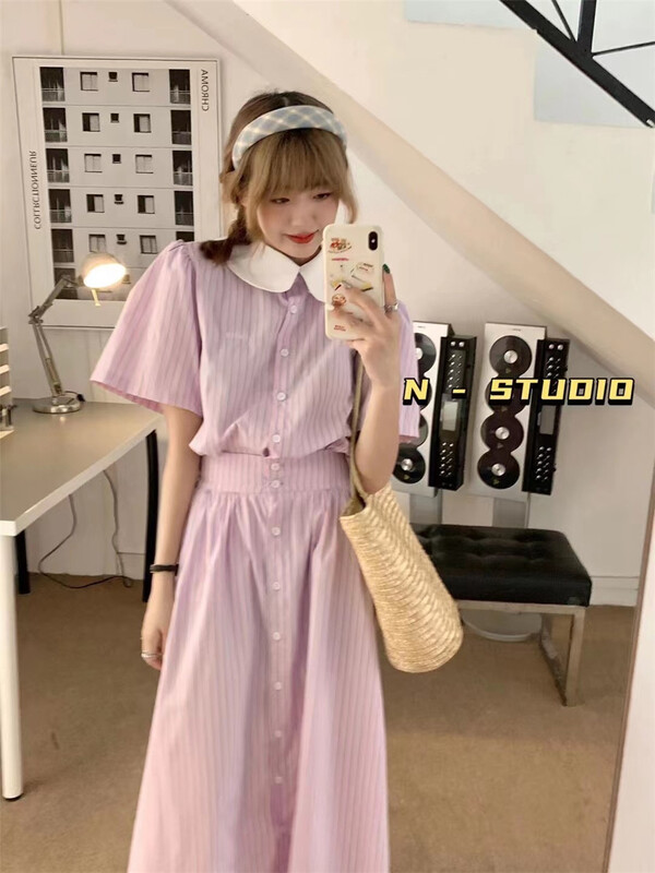 【N】 Striped baby collar shirt + high waist slim skirt suit 0994\t