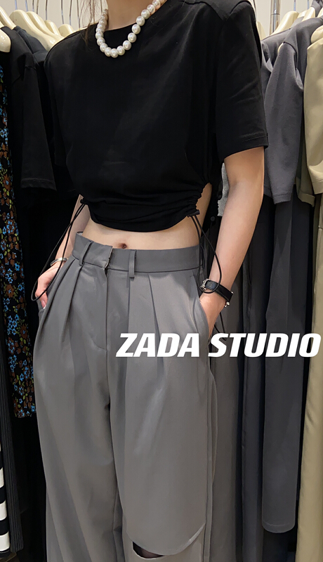 [Zada] two side waist drawcord design shoulder pad short sleeve T-shirt 3303\wtt