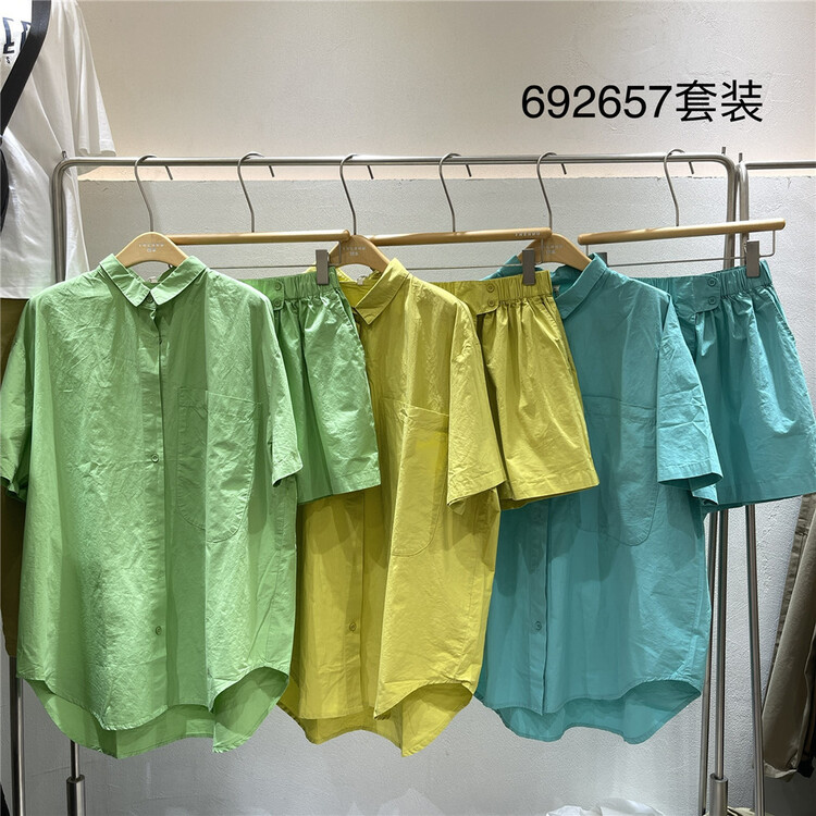 [twenty printed wood] fashion single breasted shirt + elastic waist casual Shorts Set 692657\l