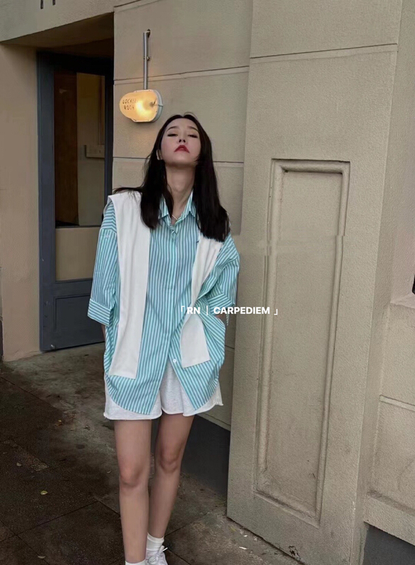 [R n] simple casual vertical stripe loose polo collar medium sleeve shirt (with cape) 81310\ll