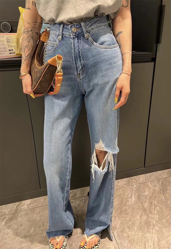 [Bobo] straight cut jeans with thin holes 2022\cls