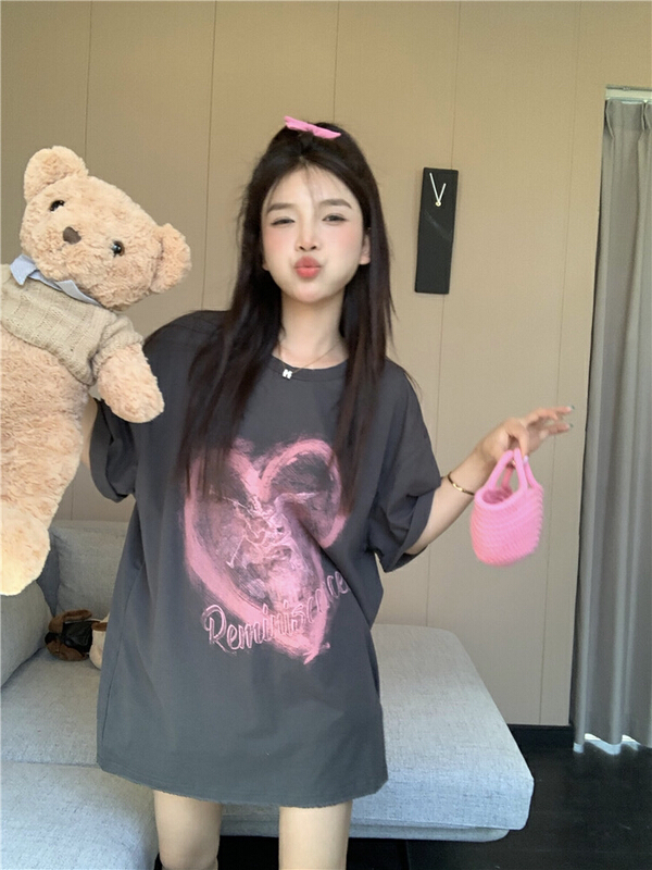[Feimao (Yimao)] round neck loose Love Print Casual Short Sleeve T-shirt ys1-ym-80004\lsl