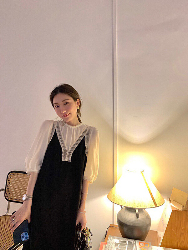Live broadcast ⑤! [wgwe] high level French temperament sweet chiffon blouse + Lace Edge strap skirt set 1916\pcz