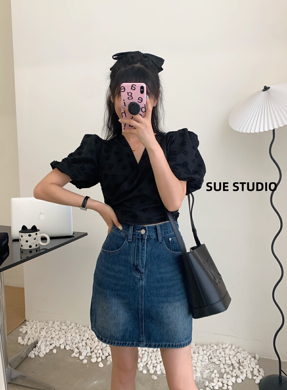 [Sue studio] fashionable and comfortable high waist denim skirt 8317\zjy