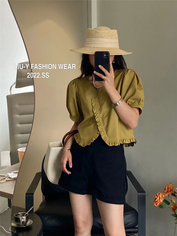[liu.y] short sleeve button up solid shirt 0651\l