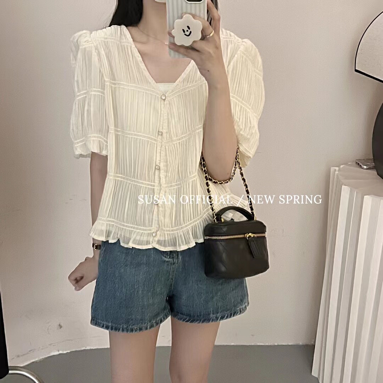 [Susan] V-neck single breasted simple shirt 19179\lsw