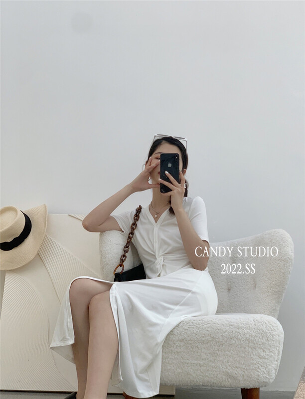 [candy] big brand simple V-neck slim single breasted long dress s3151\zjy